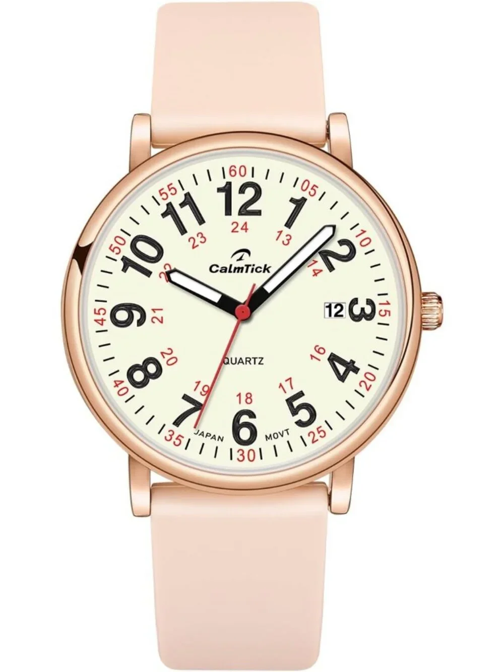 Women's Pink-Gold Metal Case Silicone Strap Luminous Date Display Wrist Watches